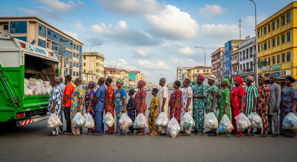 AI Generated Image for JournOTECH used to depict Lagos residents line up with their household waste.